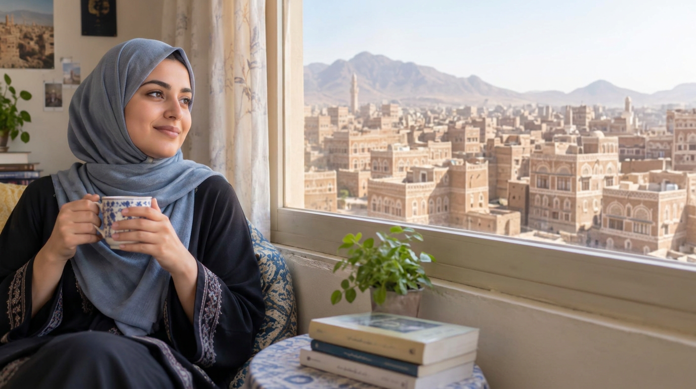 امرأة يمنية قرب نافذة تطل على صنعاء